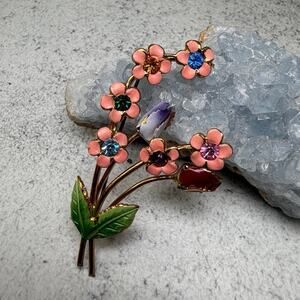 Vintage Austrian Hand Painted 60s Floral Bouquet Brooch Crystal